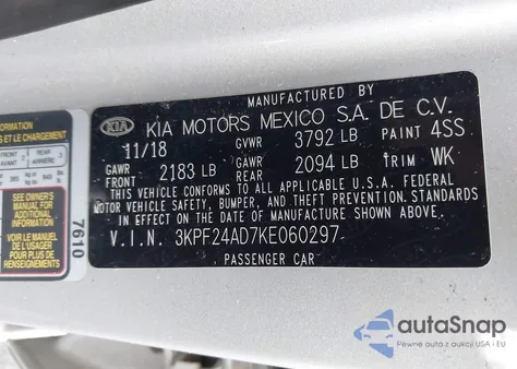 2019 Kia Forte Lxs из США, поврежденный, VIN 3KPF24AD7KE060297